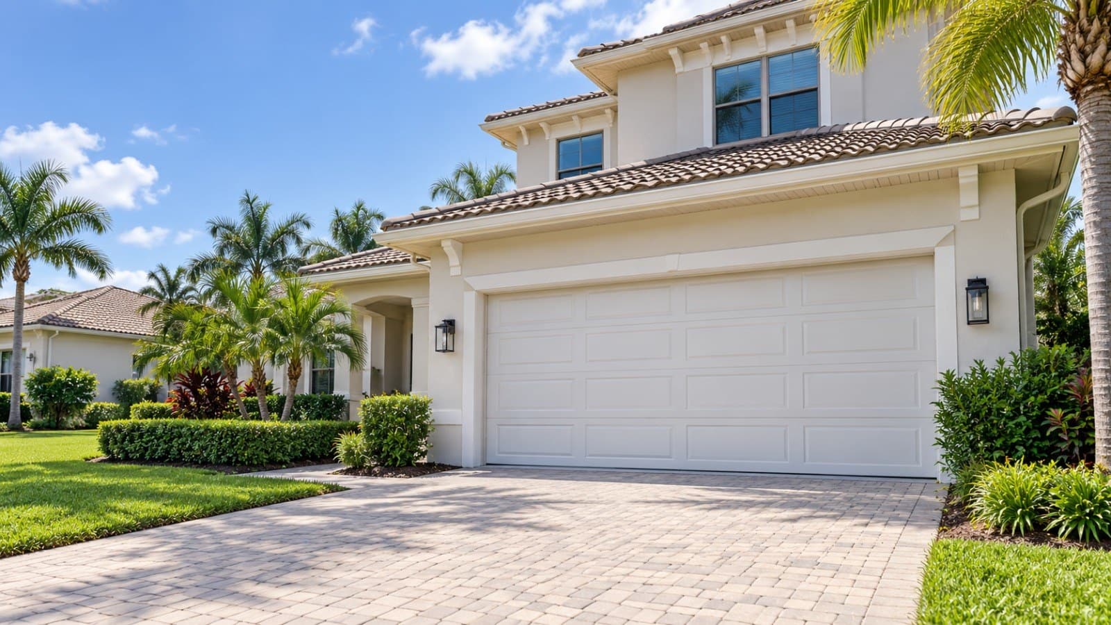 Two-story South Florida home with a wide white sectional garage door closed, barrel-tile roof, palms and a paver driveway under a blue sky